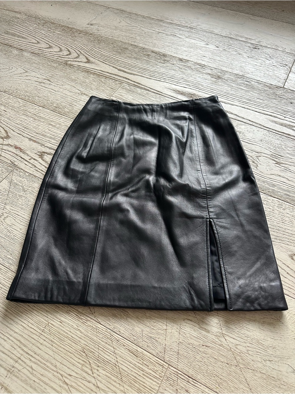 Lord & Taylor Black Leather A-Line Skirt with Front Slit